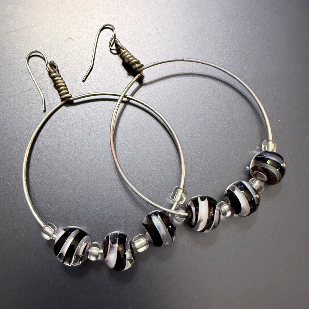 Artisan Handblown Black & White Glass Beaded Hoop Earrings